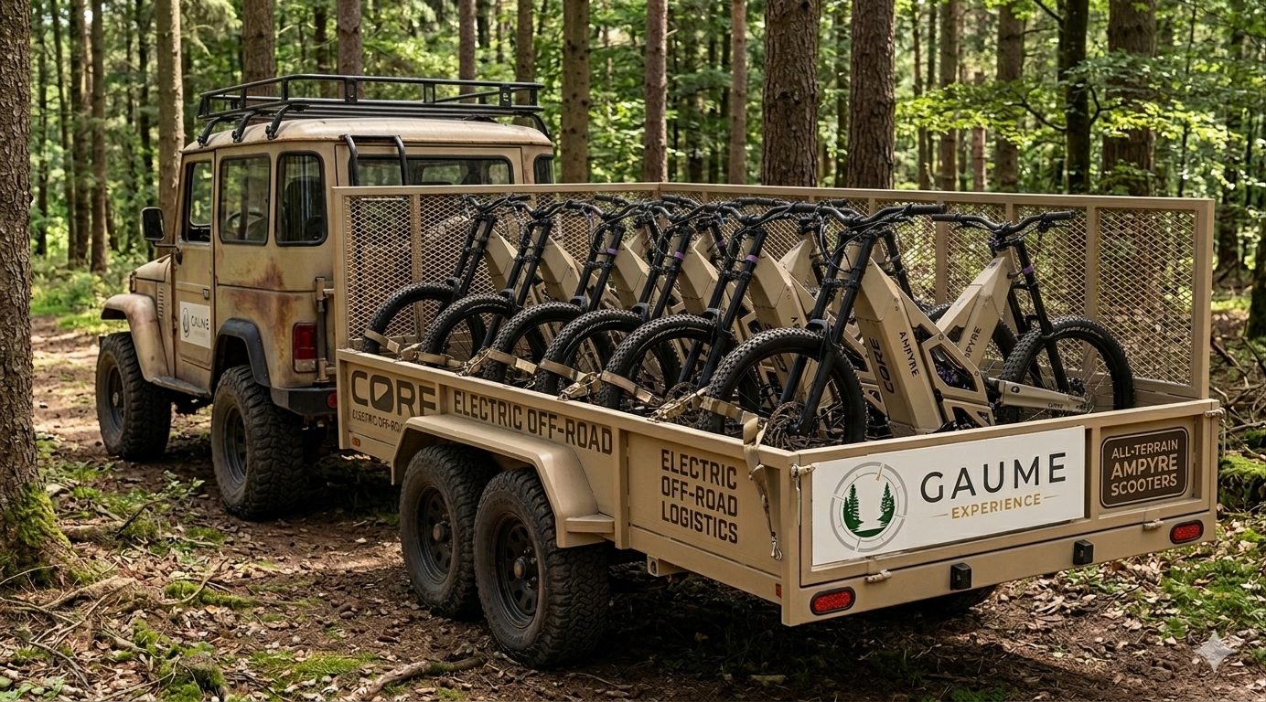 Remorque Gaume Experience chargée de trottinettes AMPYRE Core pour la livraison sur site